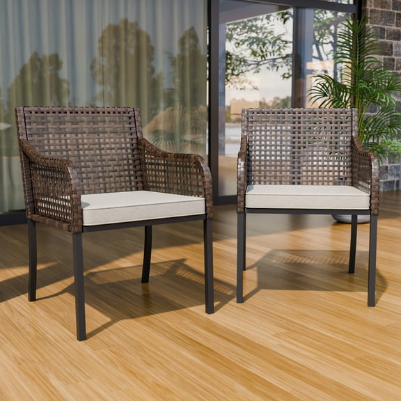COOS BAY Echo Vibe 2 Piece Patio Wicker Dining Chairs with Cushions, Outdoor All-Weather Armchairs for Garden Deck Backyard, Brown