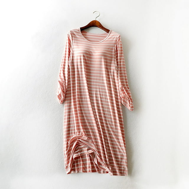 Camisón largo para mujer, a rayas, manga larga, cuello redondo, con sujetador, falda larga hasta la rodilla, ropa de casa, camisón largo para mujer, vestido modal.