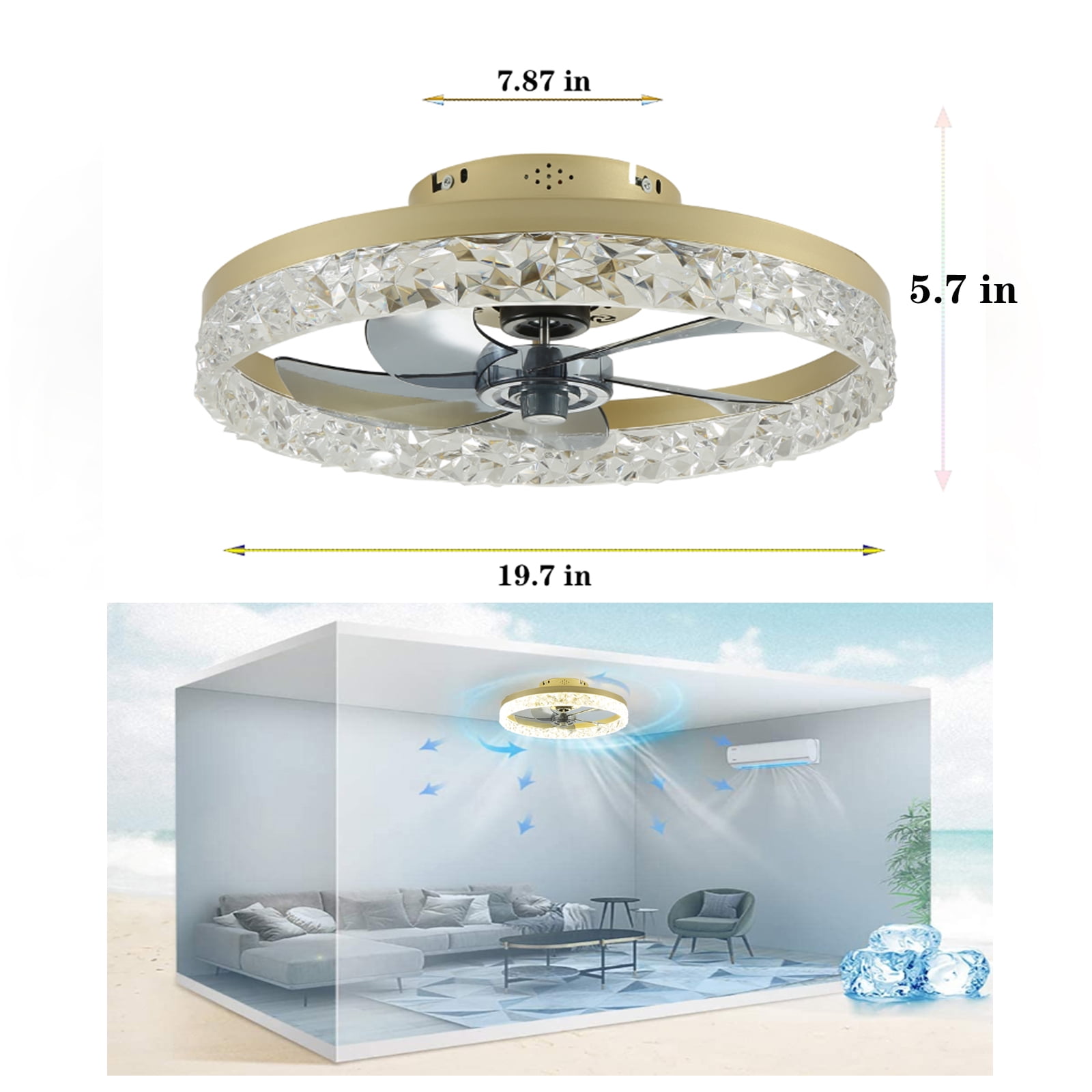 JLPAN 20" Low Profile Ceiling Fan with Lights and Remote, Modern Flush Mount LED Stepless Dimmable, Reversible Blades,6 Speeds Timing for Bedroom, Indoor Use - Gold