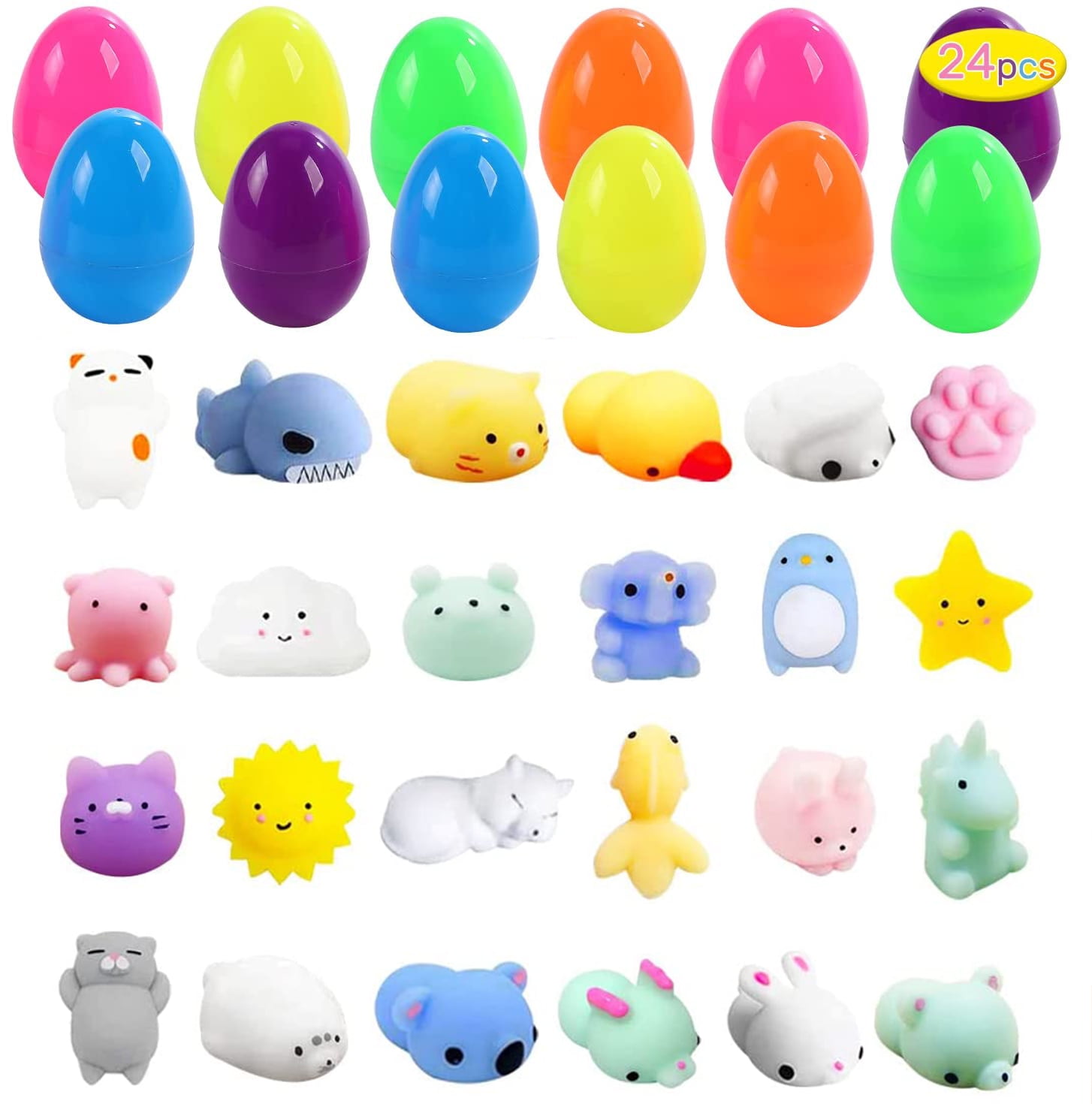 7 Colorful Prefilled Easter Eggs with Toys Surprise Hunt Decorations Easter Basket Stuffers 24 Pack Easter Egg Bunny Push it Pop Sensory Fidgets Toys Gifts for Kids Girls Boys Theme Party Favors 