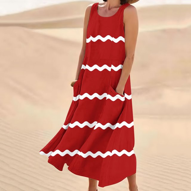 LSLJS Nouvelle Robe Longue Sans Manches en Coton et Lin à Col Rond Imprimée, Robe d'Été de Plage