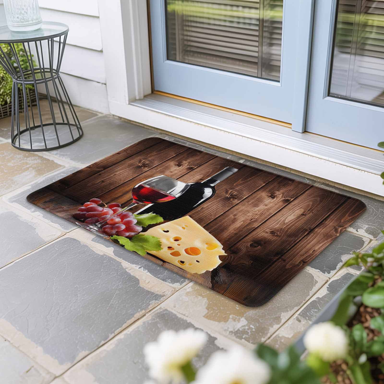Wine Cheese Doormat Outdoor Entrance 18"x30", Grapes Farmhouse Brown Wooden Plank Absorb Moisture Dirt Door Mats, Non-Slip Rubber Backing Floor Mats Indoor, Low-Profile Front Door Rugs