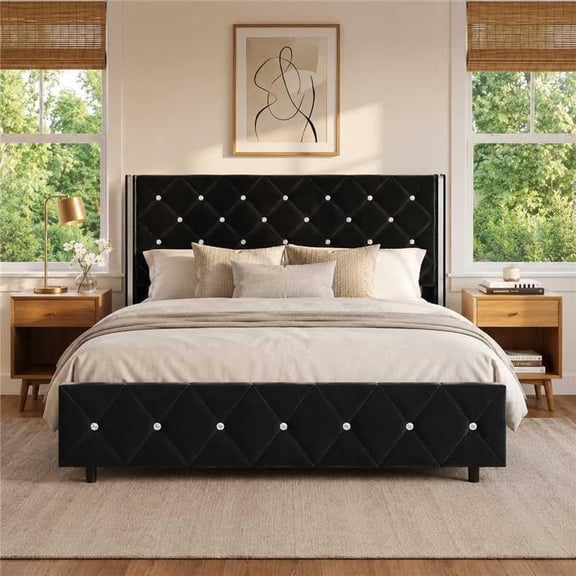 Catrimown Queen Size Bed Frame, Upholstered Platform Bed Frame with Wingback Diamond Tufted Headboard, Black