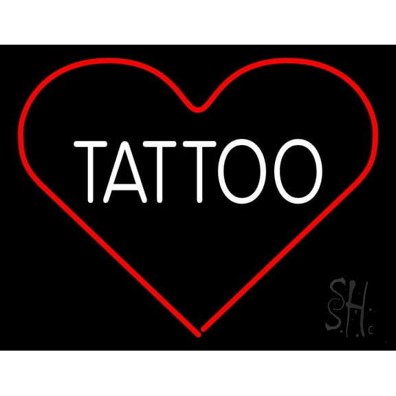 Tattoo Heart LED Neon Sign 24" Tall x 31" Wide - inches Black Square Cut Acrylic Backing, with Dimmer - Premium built indoor Sign for Storefront, Store interior, Workshop, Studio.