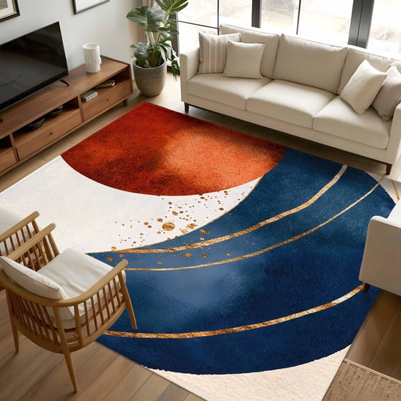 8x10 Area Rugs Navy Blue Burnt Orange Non-Skid Rubber Backing Large Rectangle Rugs - Living Room Bedroom Home Office, Modern Boho Art Geometric Indoor Floor Mat Carpets Washable Rug