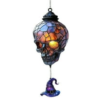 Stained Glass Skull Hanging Light Fixture with Bat Pendant Unique Gothic Decor for Home Bar Party Indoor Outdoor Use