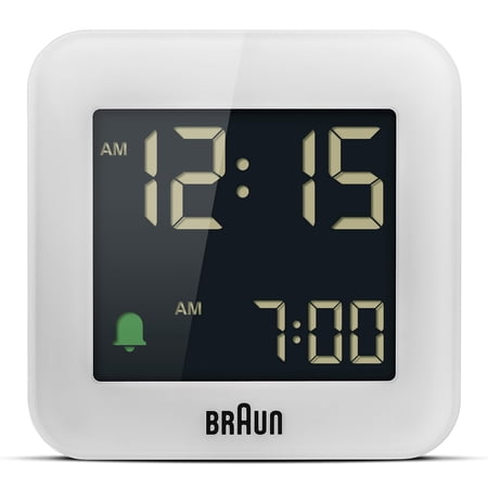 Braun Digital Travel Alarm Clock with Snooze, Compact Size, Negative LCD Display, Quick Set,Crescendo Beep Alarm in White, Model BC08W.