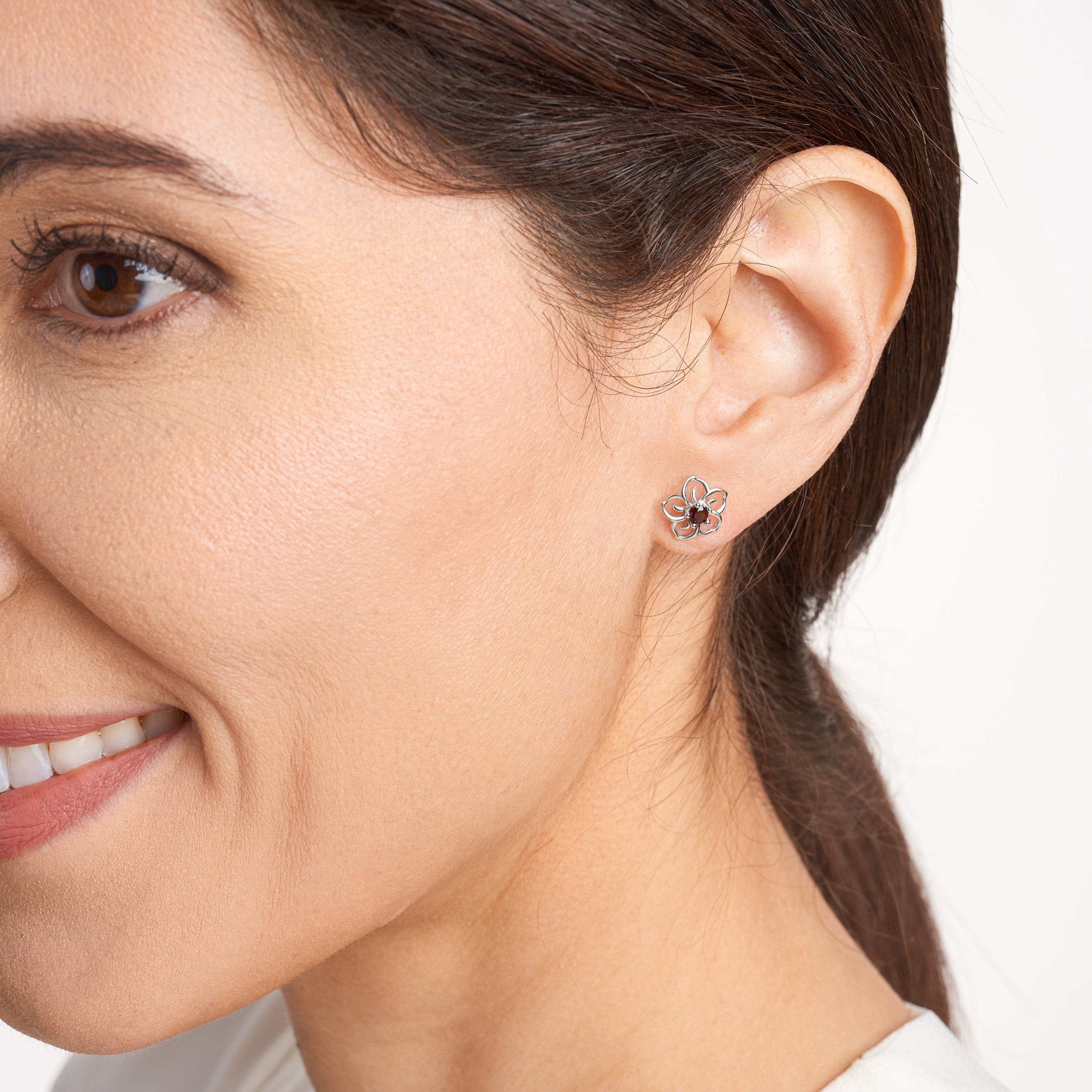 Forever Facets Genuine Garnet January Birthstone Floral Earrings in Sterling Silver, Adult Female