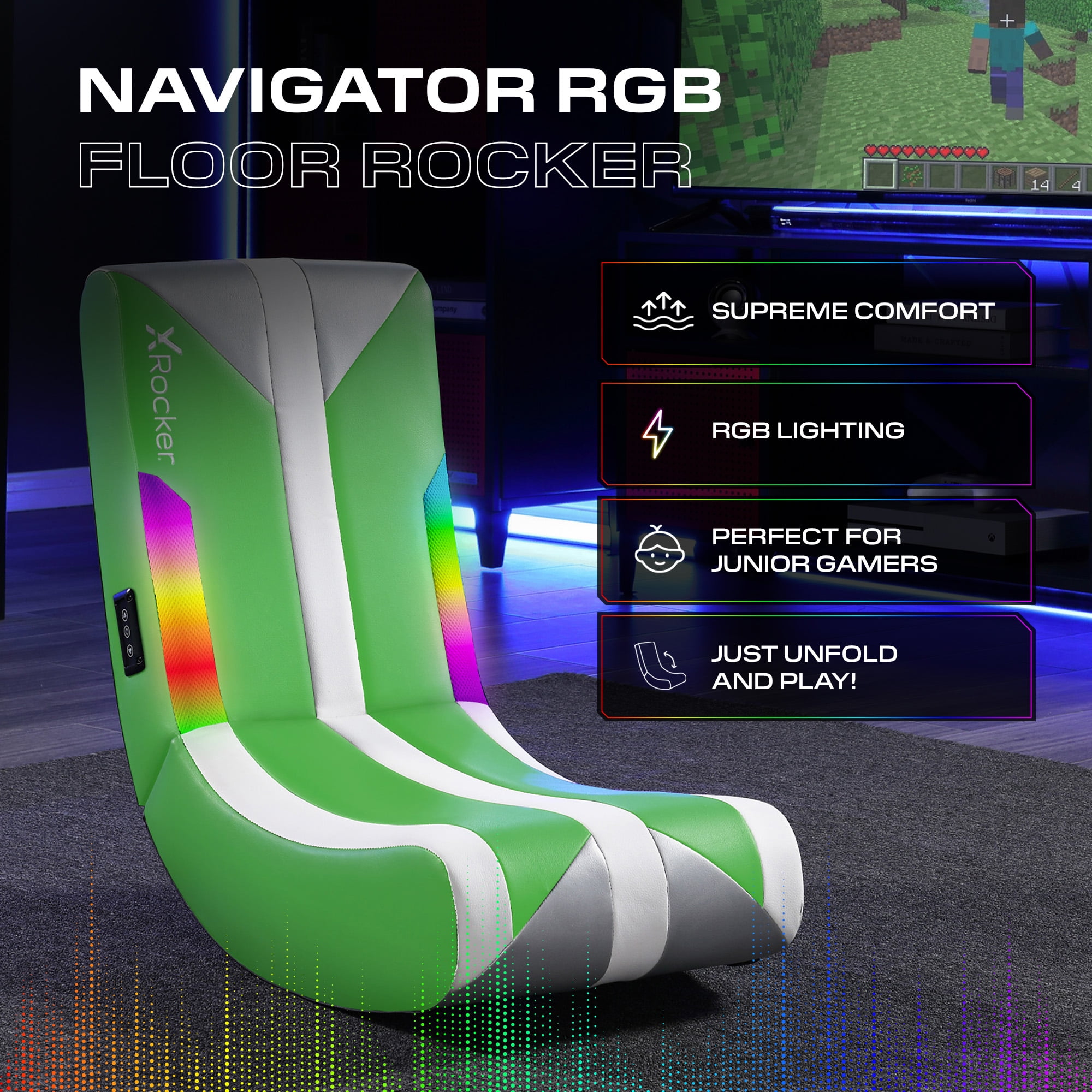 X Rocker Navigator Floor Rocker Gaming Chair with RGB Lighting, Green