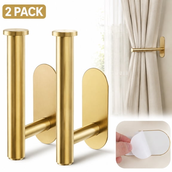 No-Drill Adhesive Curtain Holdbacks, 2 Pack Heavy Duty Damage-Free Wall Hooks, Adjustable & Reusable Hidden Holders for Drapes & Sheer Curtains, Gold