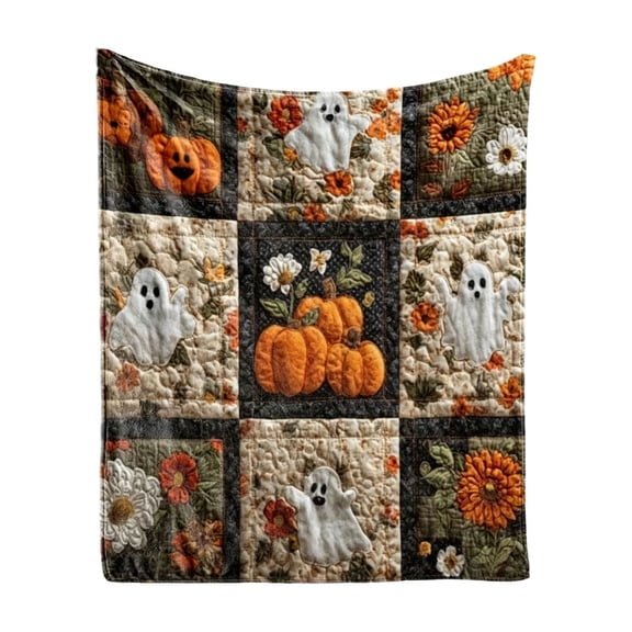 Halloween Ghost Pumpkin Patchwork Quilted Throw Blanket,Vintage Floral Sunflower Stitched Quilt Blanket,Soft Reversible Bed Couch Cover For Autumn Harvest,Bedroom Decor A