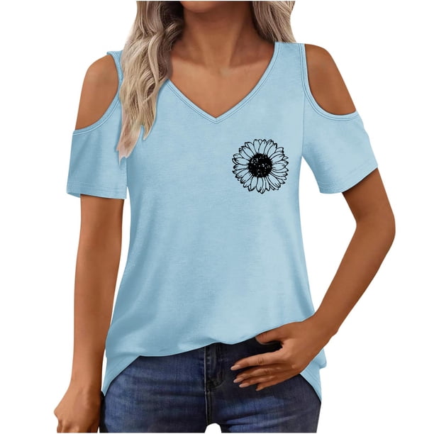 Algodón Fuera Del Hombro Tops para la Impresión de las Mujeres Manga Corta V-Cuello Blusa, Top de Algodón de Imitación de Moda