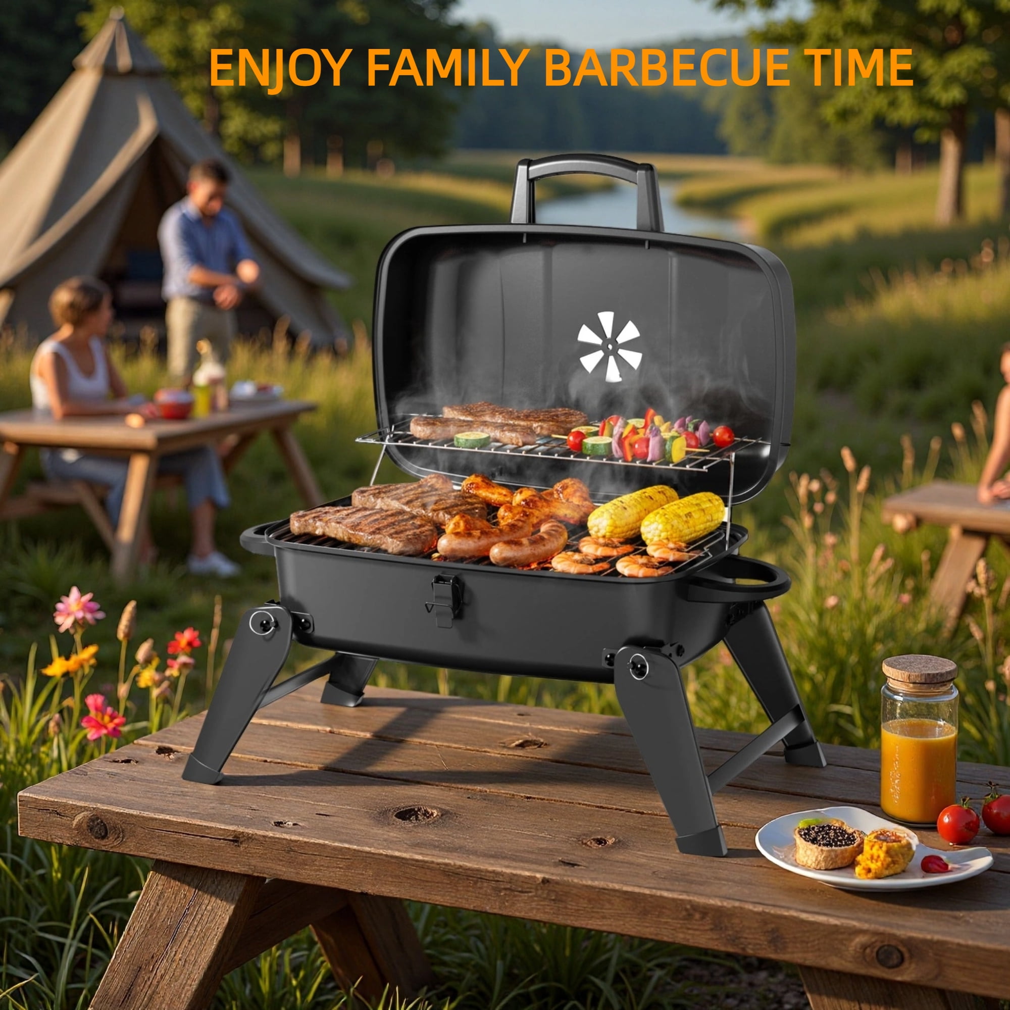 MASTER COOK Portable Charcoal Grill, Foldable BBQ Grill with Adjustable Vent for Outdoor Camping, Patio, Tailgating, Travel