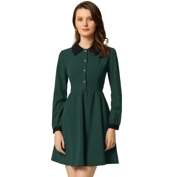 Disfraz de navidad Vestido corto acampanado de manga larga con media tapeta en contraste y cuello Peter Pan vintage para mujer Verde oscuro XL