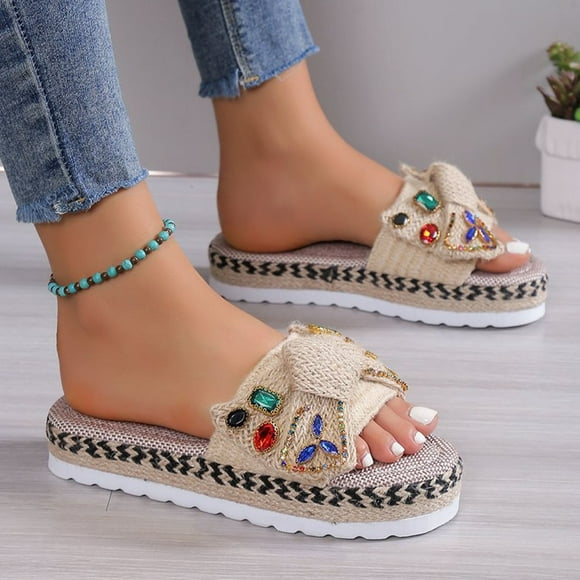 Cameland Shoes Women's Plus-size Color One Line Platform Straw Boho Style Wedge Sandals