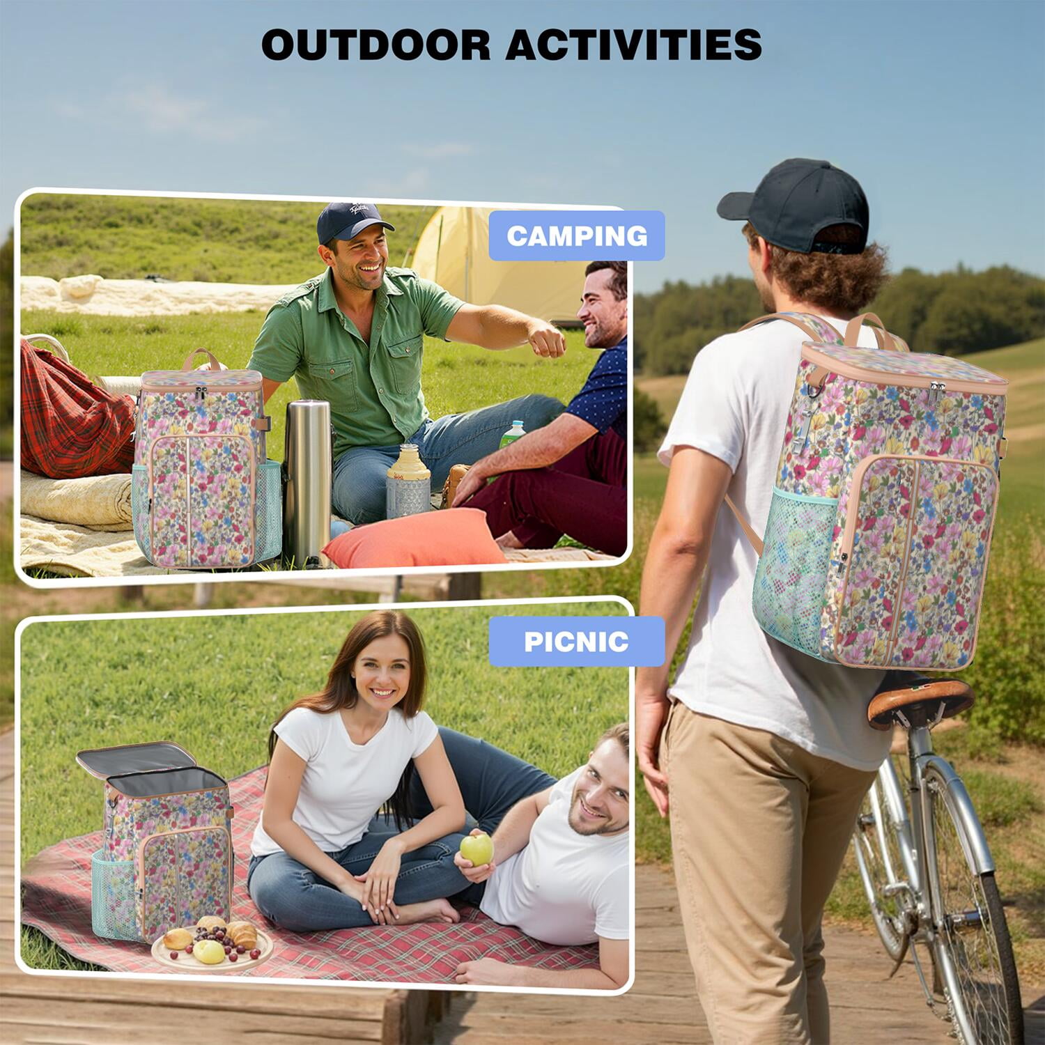 Travel Cooler Bag - Pioneer Flower Camping Beer Cooler Backpack with Bottle Opener- Waterproof Insulated Picnic Backpacks - Cooler Bag for Beach