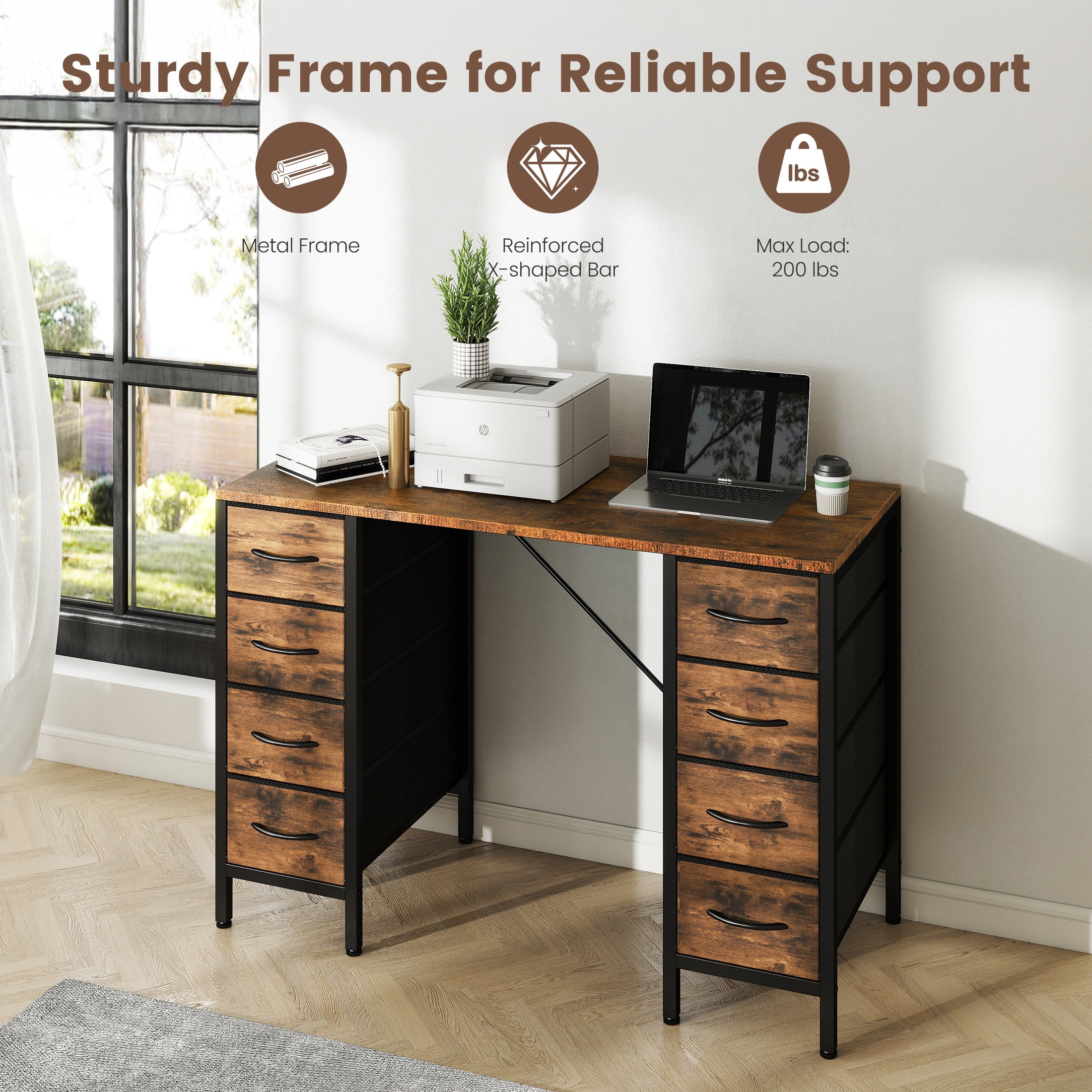 EDX 47 Inch Computer Desk with 8 Fabric Drawer, Home Office Desk with Power Outlets, Large Storage,Rust