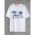 thumbnail image 1 of Camiseta informal de cuello redondo para hombre con estampado de palmera Aloha Paradise, blanca con diseño azul, ideal para vacaciones de verano, ideal como regalo para el Día del Padre., 1 of 7
