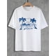 thumbnail image 1 of Camiseta informal de cuello redondo para hombre con estampado de palmera Aloha Paradise, blanca con diseño azul, ideal para vacaciones de verano, ideal como regalo para el Día del Padre., 1 of 7