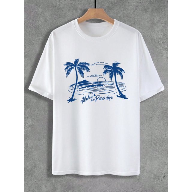 Camiseta informal de cuello redondo para hombre con estampado de palmera Aloha Paradise, blanca con diseño azul, ideal para vacaciones de verano, ideal como regalo para el Día del Padre.