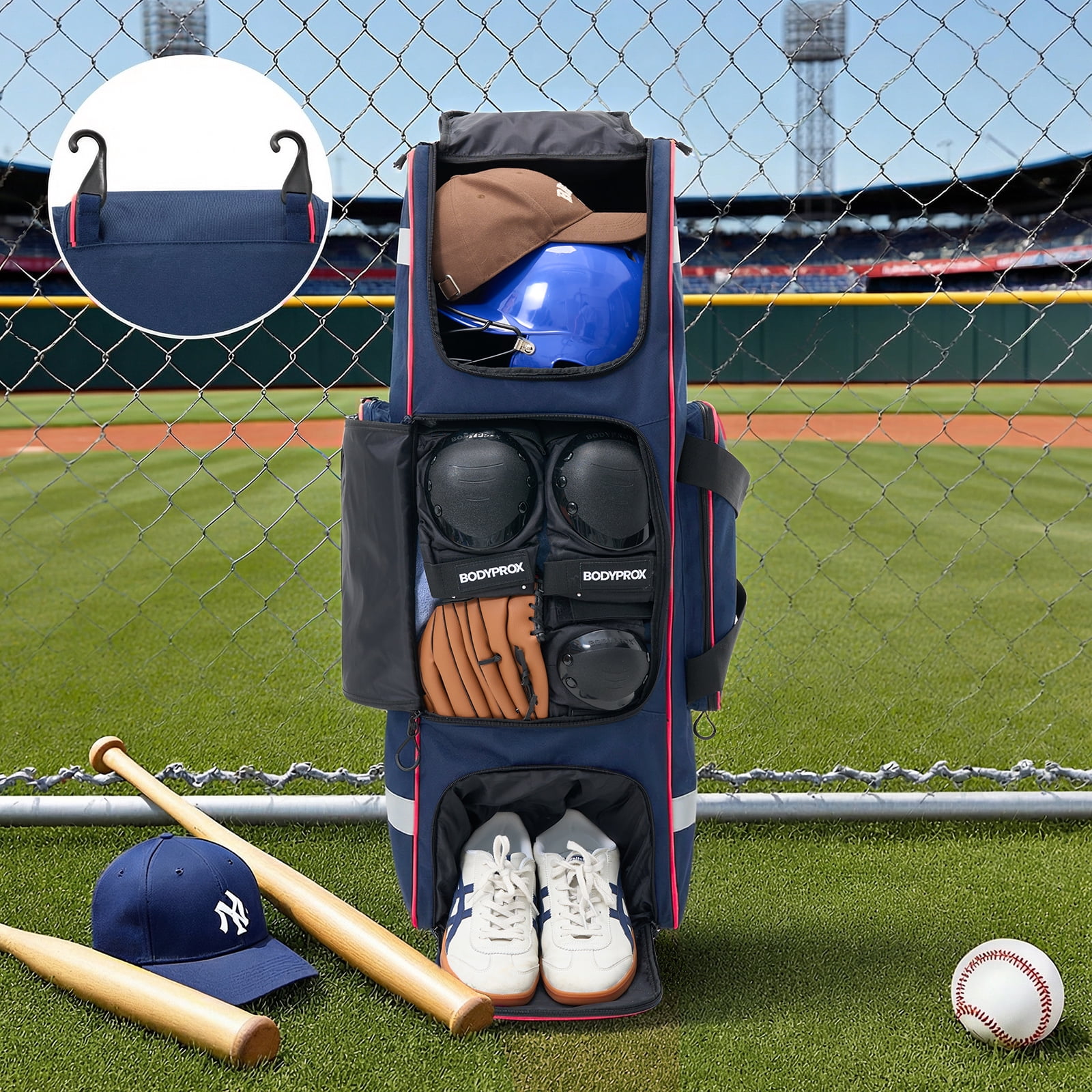 Fegat Large Catcher Gear Bag With Wheels, Soft Rolling Baseball Bag for 4 Bats, Portable Baseball Catcher Bag With Wheels, Multi-Pockets, Fence Hook, Holds All Softball Baseball Equipment