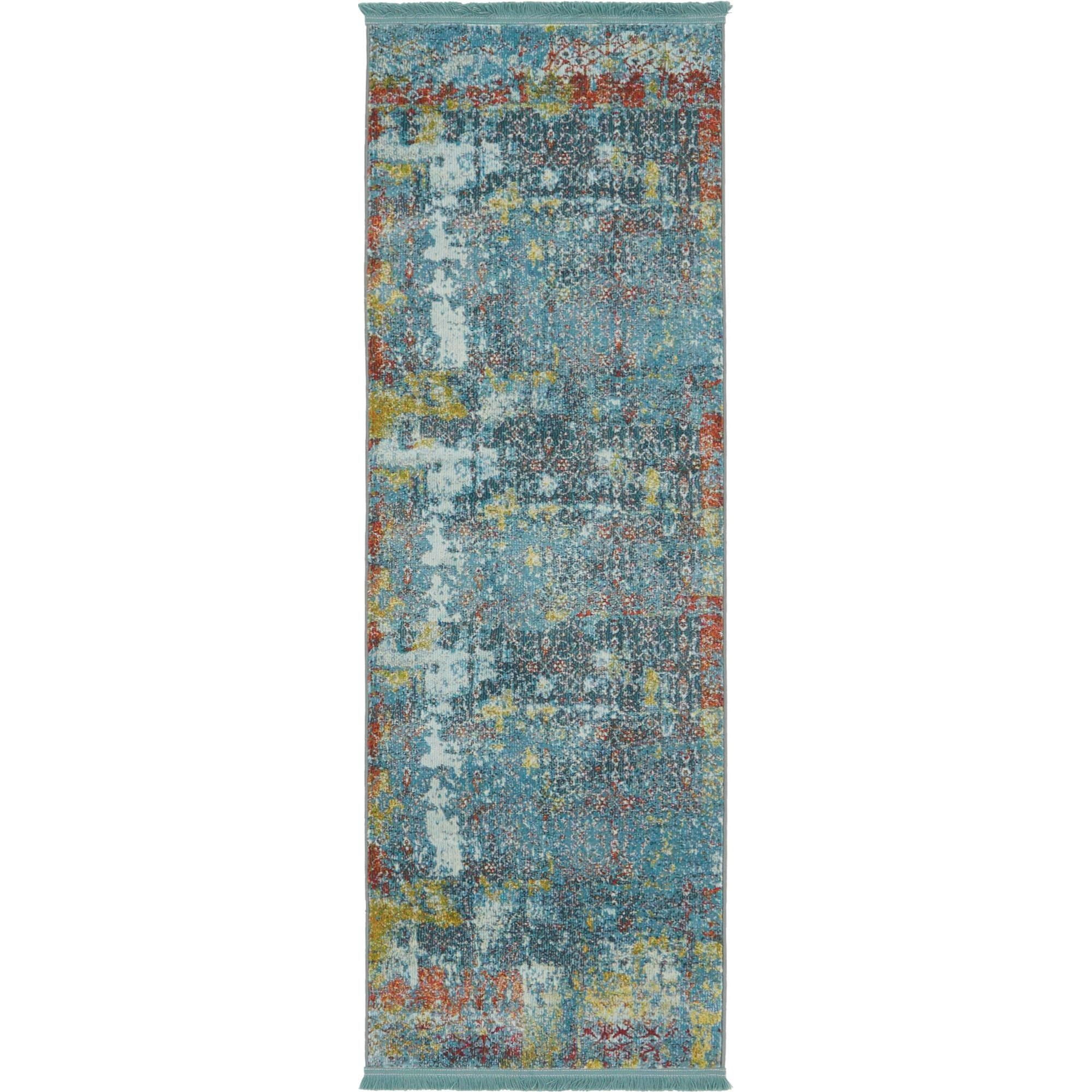 2' x 6' Teal Blue and Ivory Modern Abstract Rectangular Rug Runner