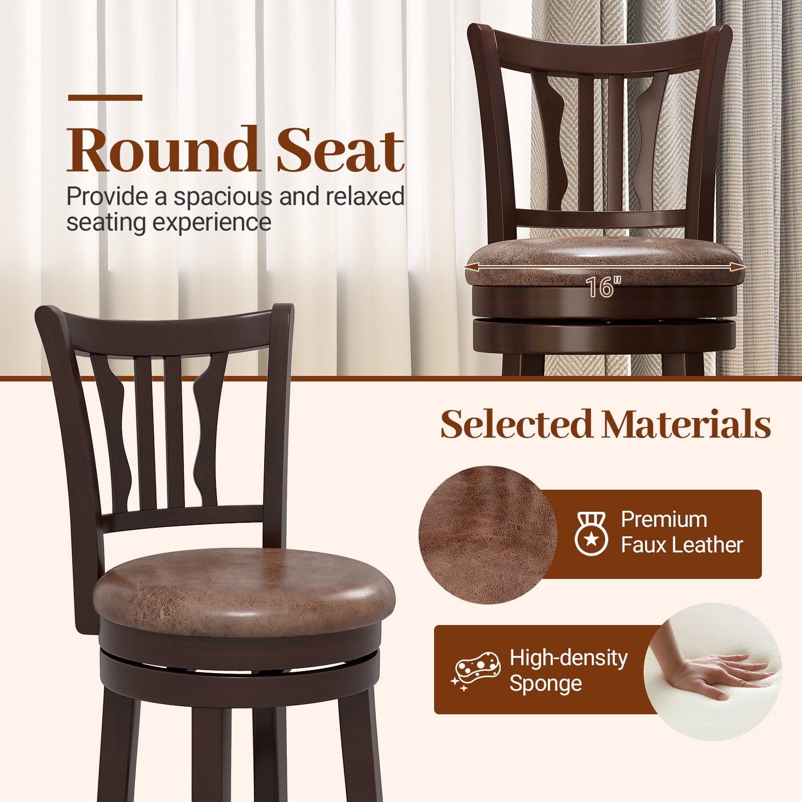 Gymax 26'' Counter Height Swivel Bar Stools Set of 4 w/Back & Faux Leather Seat