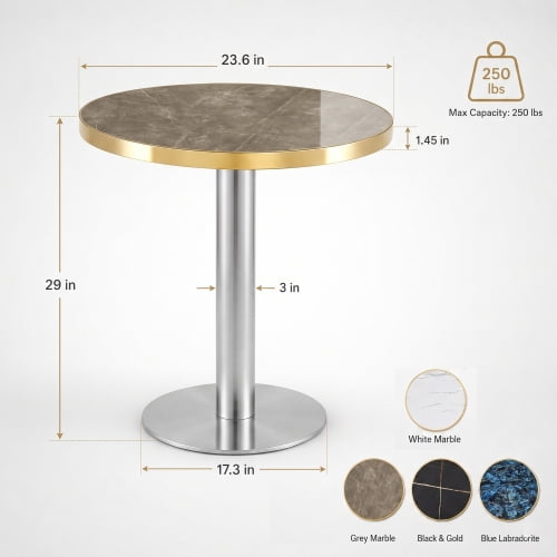 23.6-Inch Round Faux Gray Marble Bistro Table with Stainless Steel Base & Gold Trim Edge, High-Gloss Compact Dining Accent Table for Kitchen Office Balcony