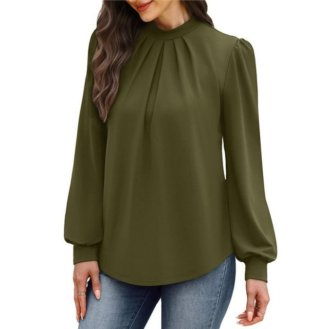 Camisas de Larga para Mujer, Blusas de Cuello Alto con Pliegues Delanteros, Ropa Informal Elegante para Otoño. Verde Oliva XL
