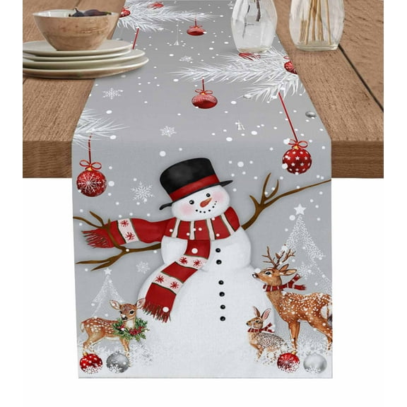 Table Runner 72 Inches Long for Kitchen Dining, Grey Christmas Dresser Scarf Farmhouse, Dining Table Decorations for Wedding/Parties, Snowman Elk Balls Snowflake Xmas 14 x 72 In