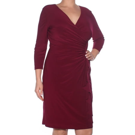 Ruffle Neck Wrap - AMERICAN LIVING Womens Maroon Ruffled Long Sleeve V Neck Above The Knee Wrap Dress Formal Dress Size: 14