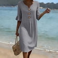 thumbnail image 4 of Smsaxvxz Women's Summer Dresses Fashion Solid Button V-neck Ruffle Short Sleeve Casual Loose Beach Vacation Midi Dress Gray L, 4 of 9