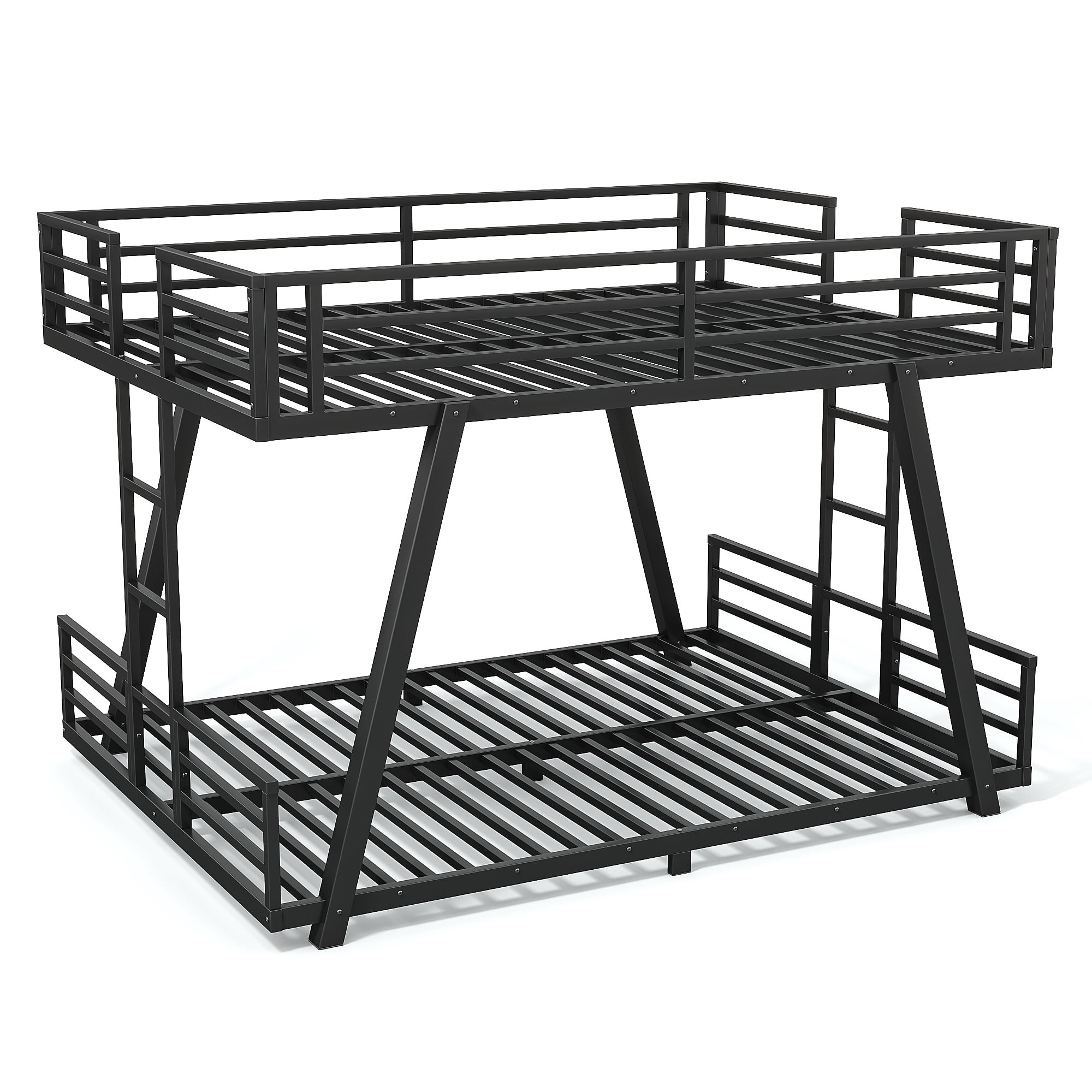 Aukfa Queen over Queen Metal Bunk Bed with Heavy Duty A-Frame Support Design, 2 Side Ladders, Low Profile, Black