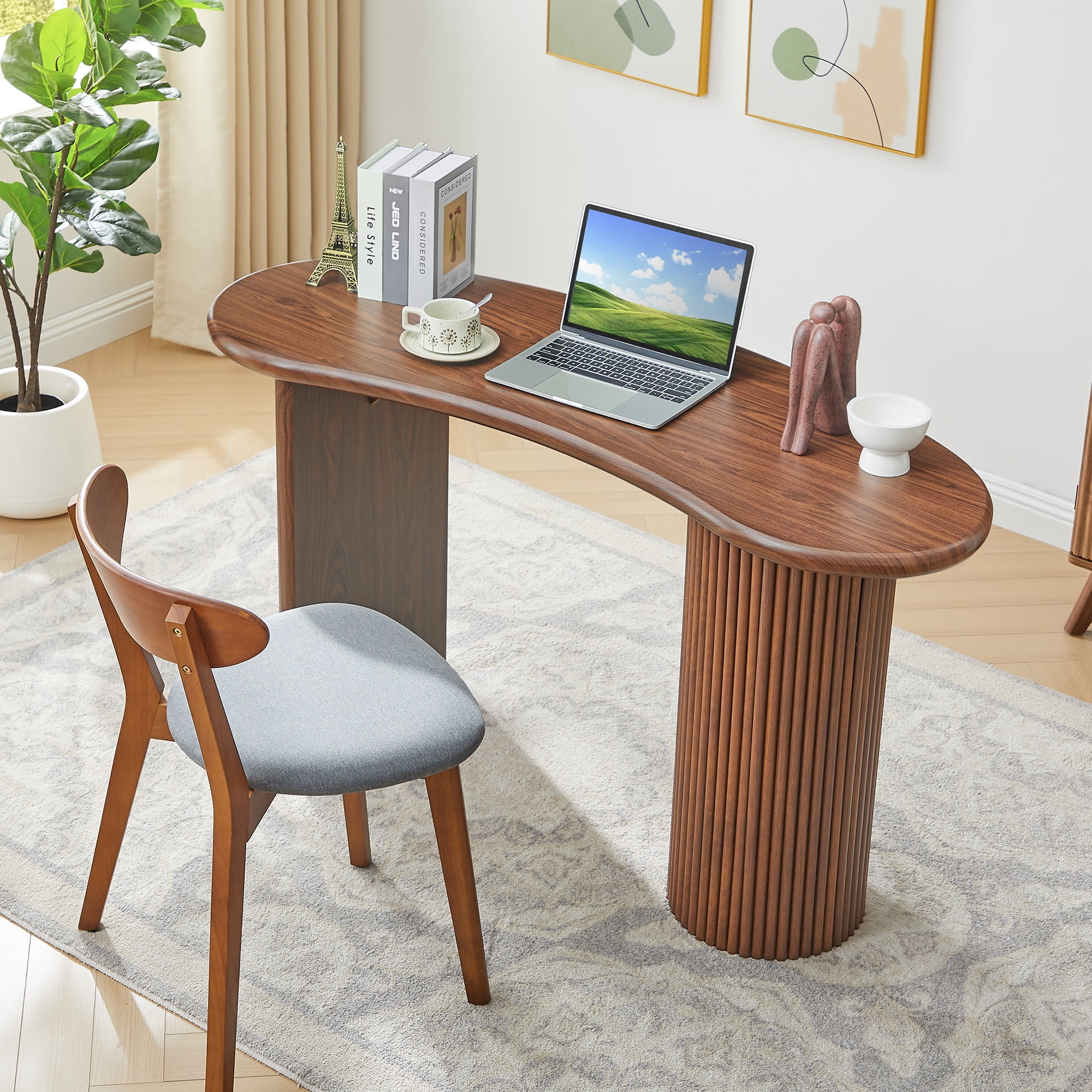 Wirrytor 53 Inch Curved Desk with Fluted Legs, Oval Small Computer Desk for Bedroom Corner, Modern Home Office Writing Vanity Table for Kids and Adults, Space Saving Corner Study Desk Unit