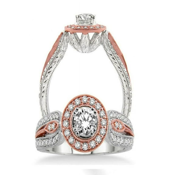 Gorgeous Rose and White Gold Diamond Engagement ring 1.00 Carat Round Cut Diamond on White Gold