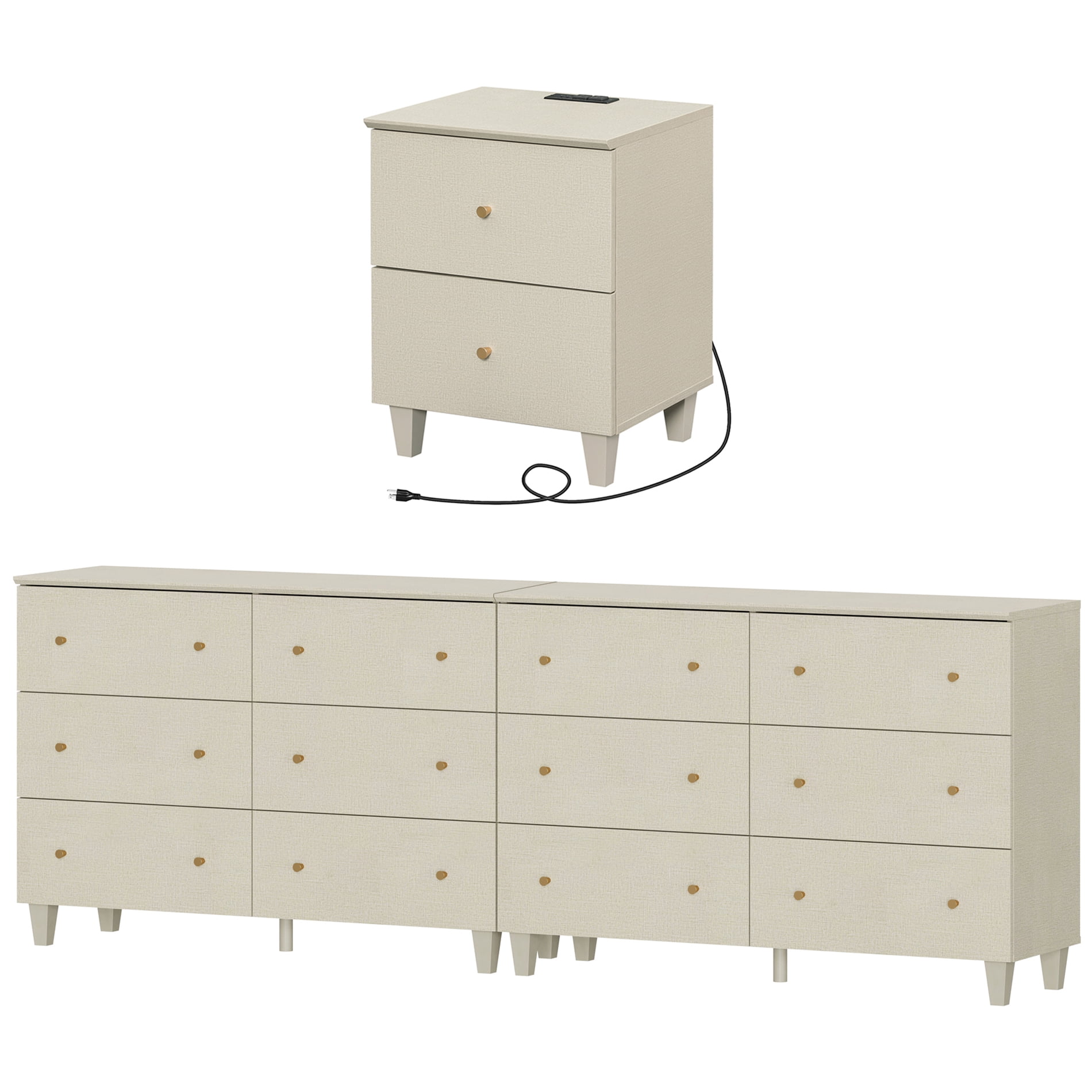 WAMPAT Dresser and Nightstand Set of 3, Wood Dressers with 12 Drawers, Nightstand with Charging Stations for Living Room, Beige Linen Printed