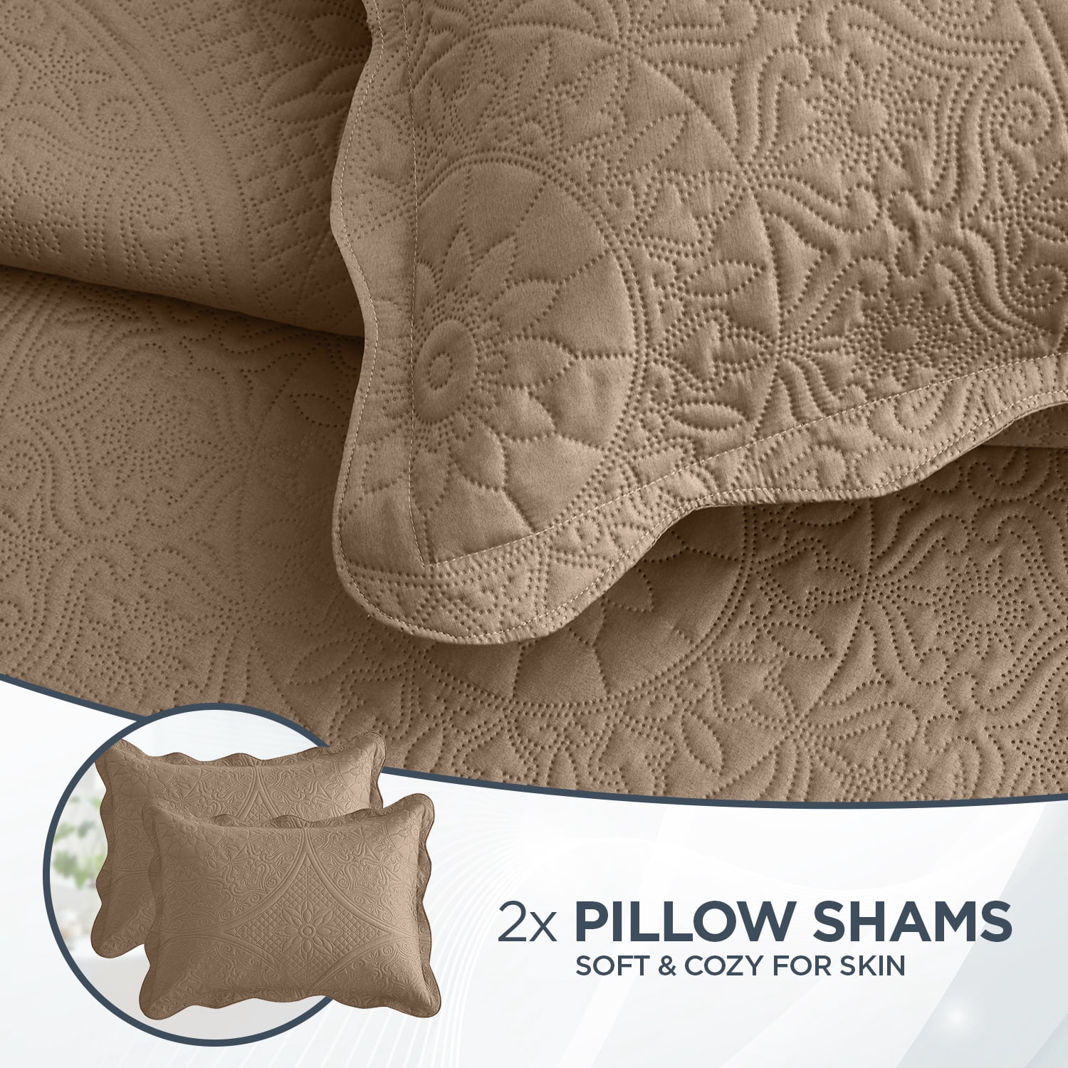 Moonlight20015 2 Piece Quilt Set Lightweight Microfiber Bedspread Modern Floral Embossing Beige Twin