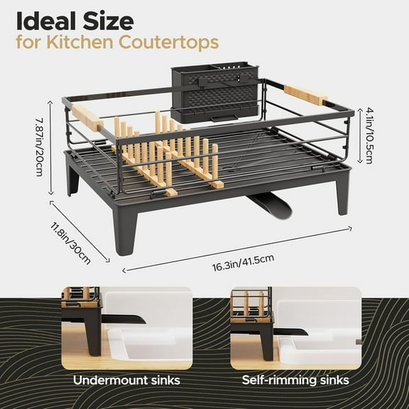 Dish Drying Rack with Auto-Drain, Rustproof Design, 360° Rotatable Drainer, Wooden Handles, Black