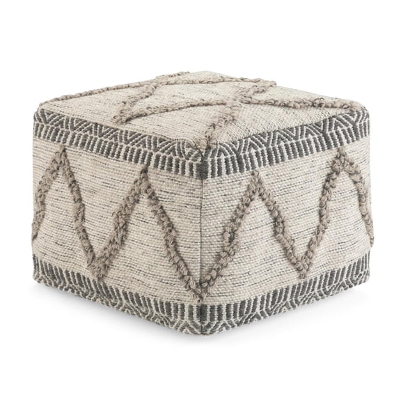 Simpli Home Sweeney 18 inch Wide Boho Square Pouf in Grey and Natural Wool and Cotton Handloom