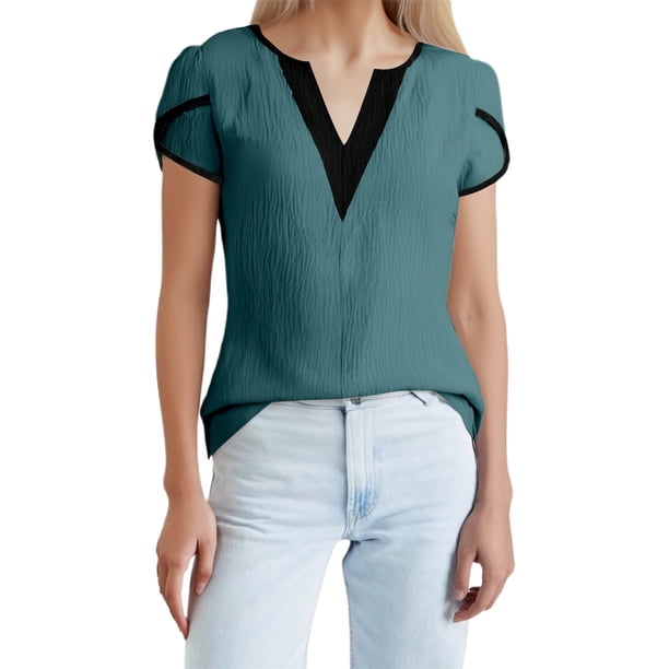 Camiseta de manga corta con estampado de azulejos y cuello en V para mujer: base de color liso con estampado de azulejos de moda, corte cómodo para primavera/verano.