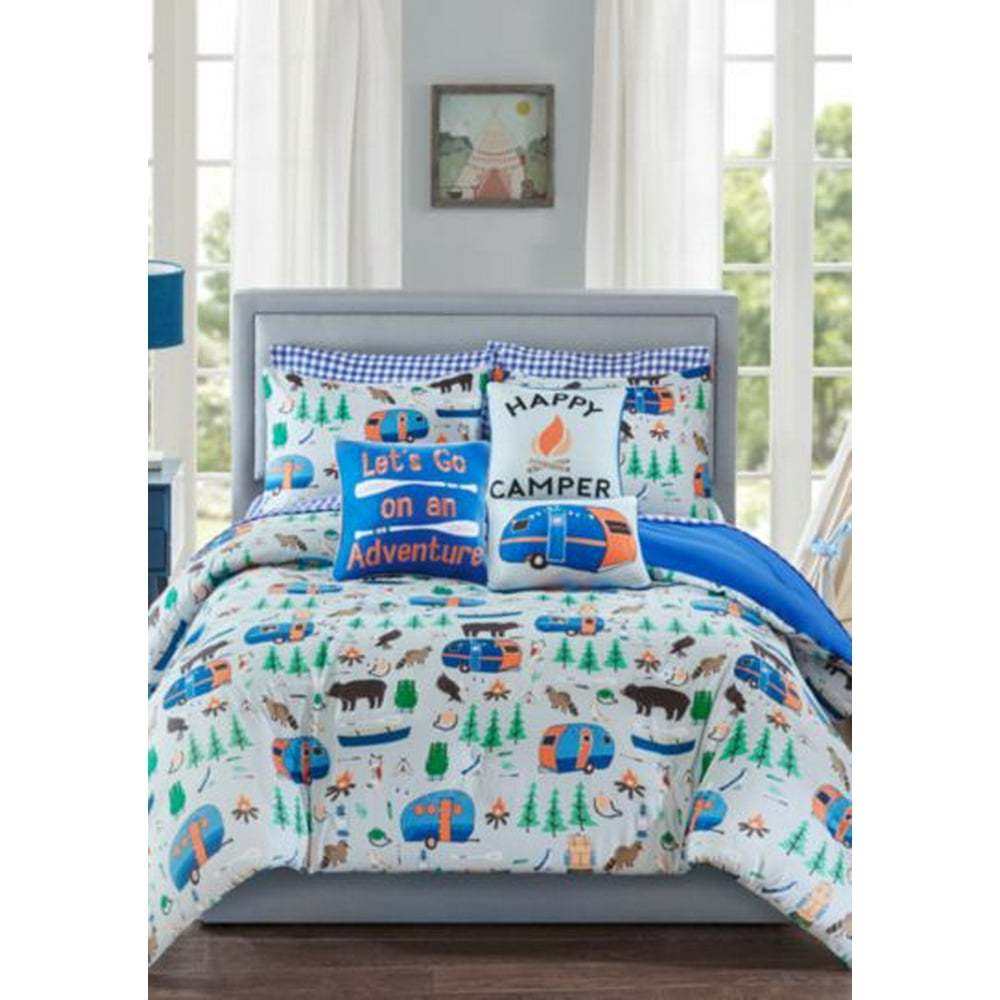 Blue, Green & Orange Boys Camping Outdoor Adventure Twin Comforter Set