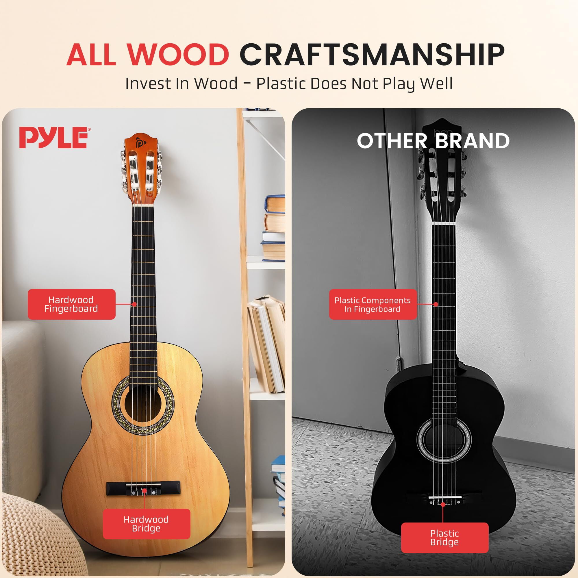 Beginner Acoustic Guitar Kit, 3/4 Junior Size All Wood Instrument, 36" Natural Wood Gloss, Right-Handed