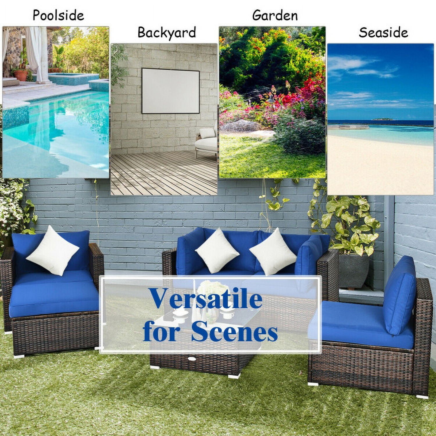 Aimee Lii 6 Pcs Patio Rattan Furniture Set with Sectional Cushion, Outdoor Deck Furniture, Blue Aimee Lii 6 Pcs Patio Rattan Furniture Set with Sectional Cushion, Outdoor Deck Furniture, Blue