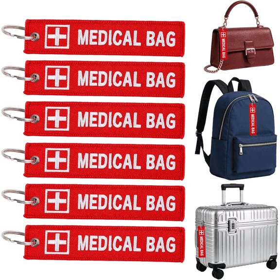 HNYG 6Pcs High Visibility Red Medical ID Luggage Tags, Double Sided Embroidered Medical Alert Tags with Keychain for Suitcases, Backpacks, First Aid Kits and Travel Bags