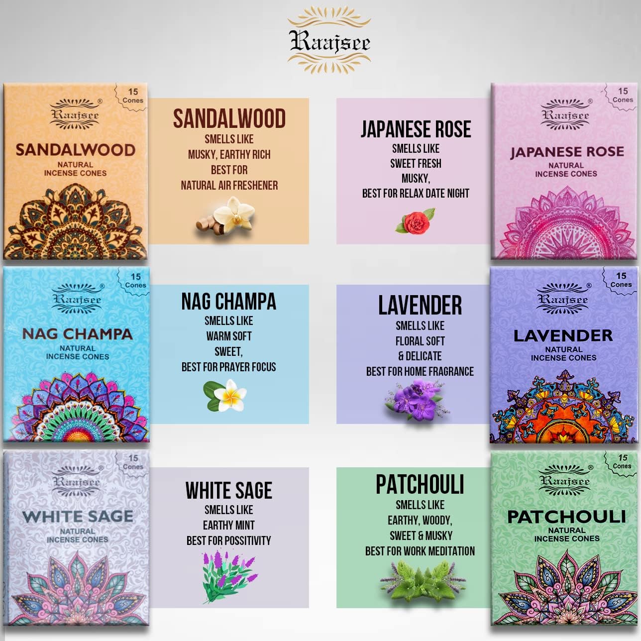 Natural Incense Cones,6 Pack Mixed Scents Gift Pack 15 pc Each (90 Total), Insense Cones Variety Pack, 100% Organic Non Toxic Natural - Hand Rolled Free from Cicals (Pack 1)