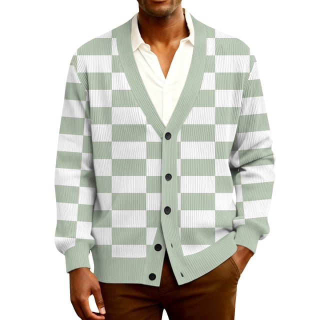 YIFUNIN Men's Ribbed Knit Cardigan, Long Sleeve Casual Open Front Jacket, Lightweight Plaid Print Sweater Coat for Fall Spring Layering Mint Green 2XL
