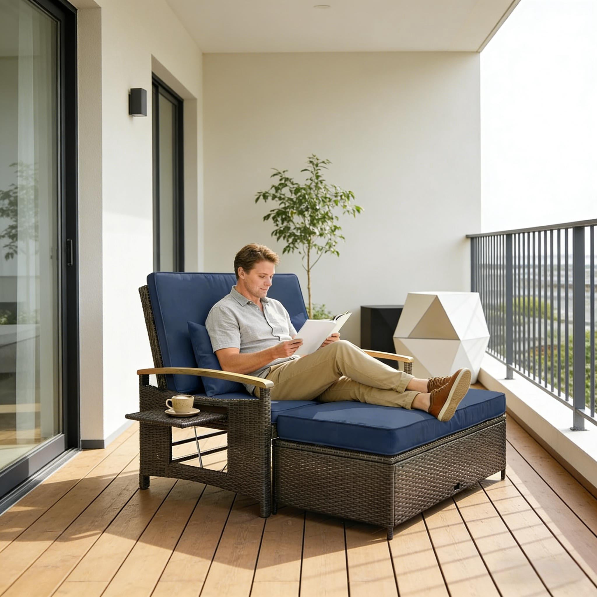 4-in-1 Rattan Outdoor Daybed with 4-Level Adjustable Backrest, Storage Ottoman and Side Tables