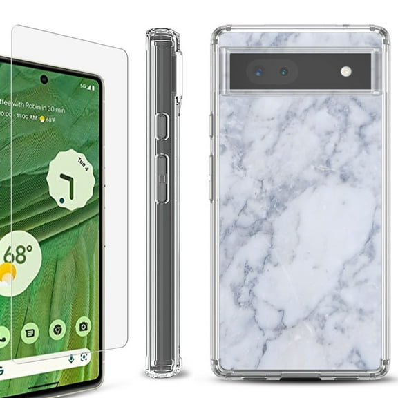 Shockproof Bumper Phone Case for Google Pixel 6a, with Tempered Glass Screen Protector, by OneToughShield ® - Marble / Clouds