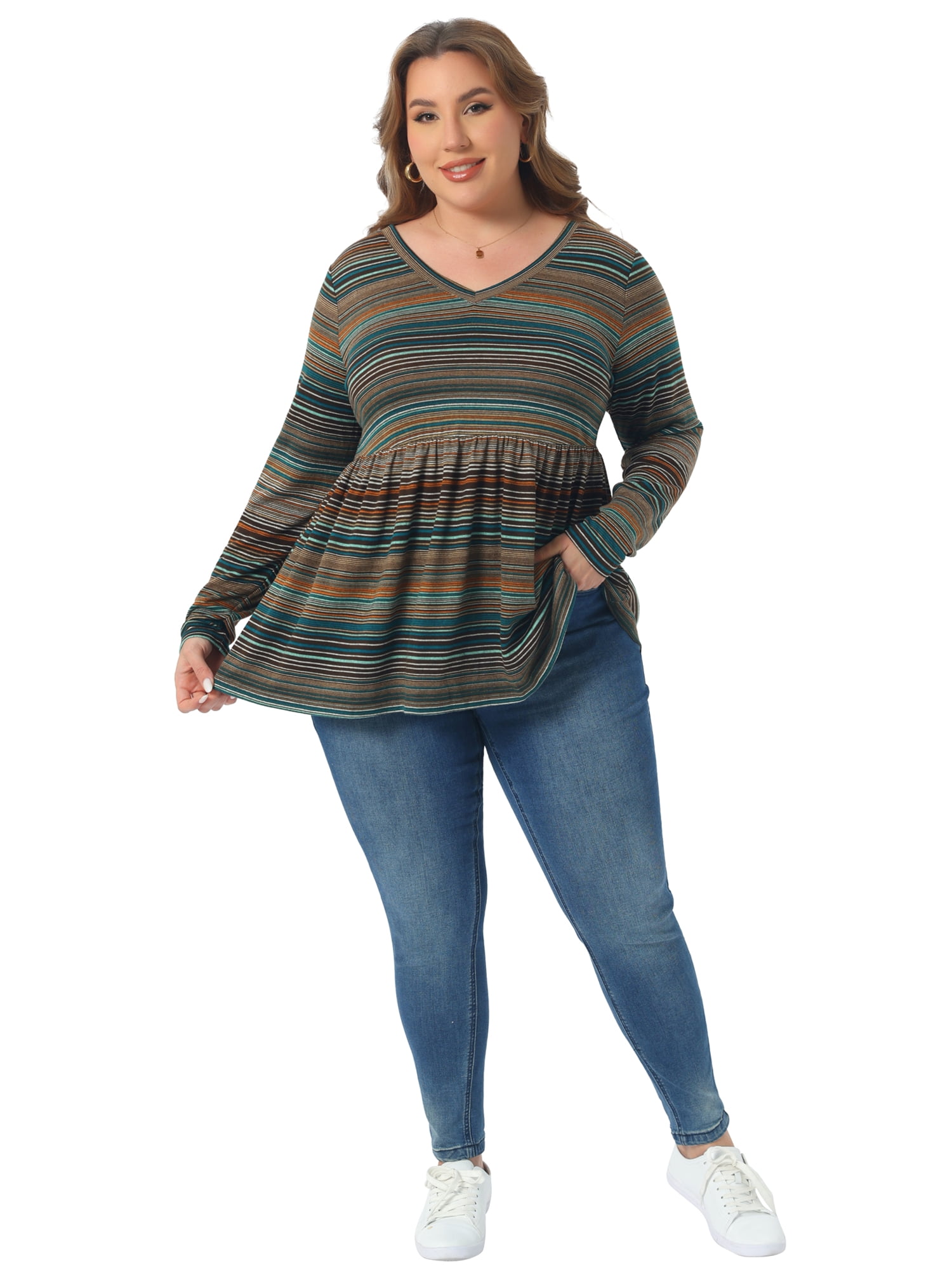 DARING DIVA Women's Plus V Neck Stripe Peplum Knit Blouse 2X Orang Brown