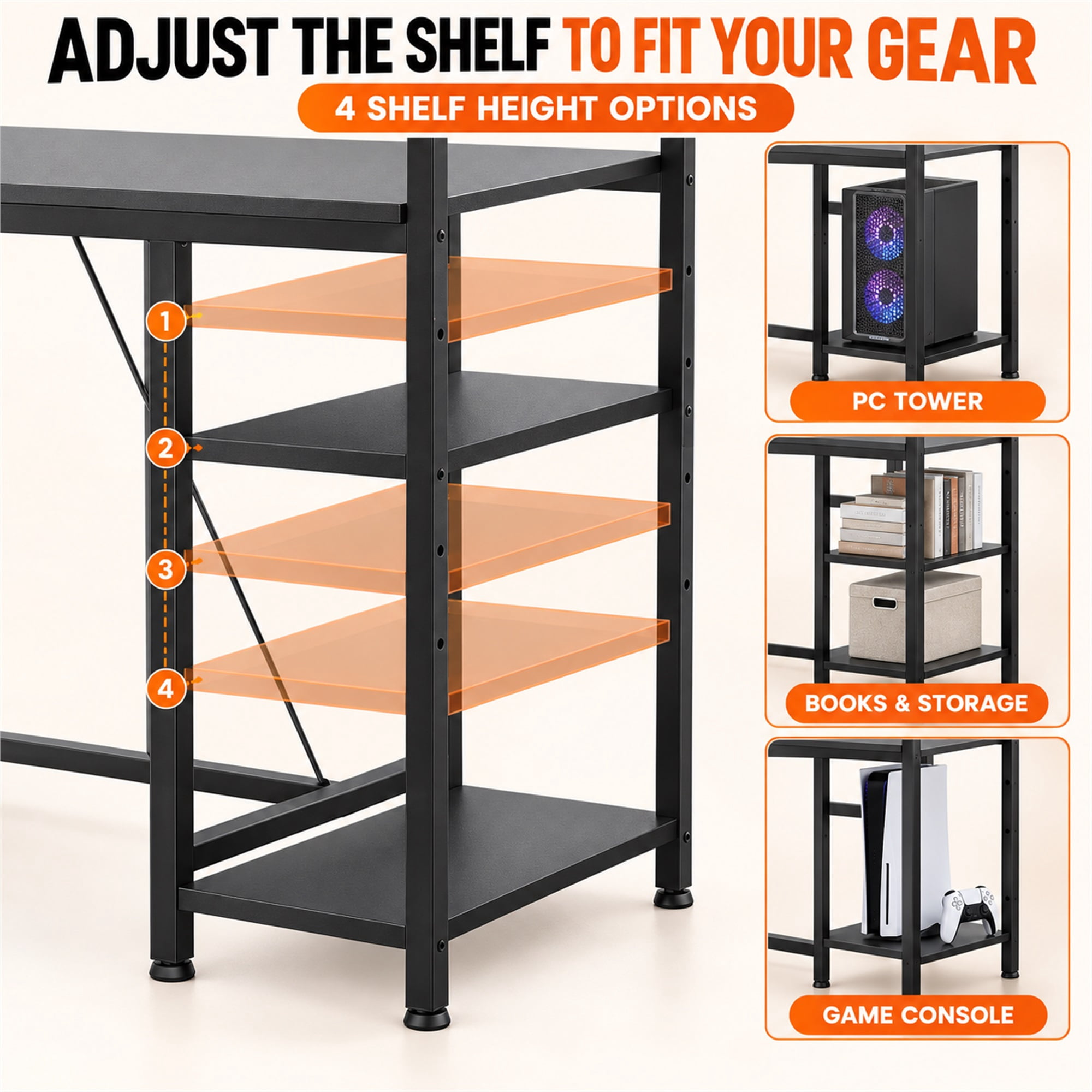 CloudRest Pro 44 Inch Gaming Desk with RGB LED Lights, Reversible Computer Desk with 4-Tier Storage Shelves, Cup Holder and Headphone Hook, Black